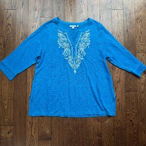 Chico's Women's Linen Embroidered Tunic Blue 3/4 Sleeve Boho Costal Grandma XL